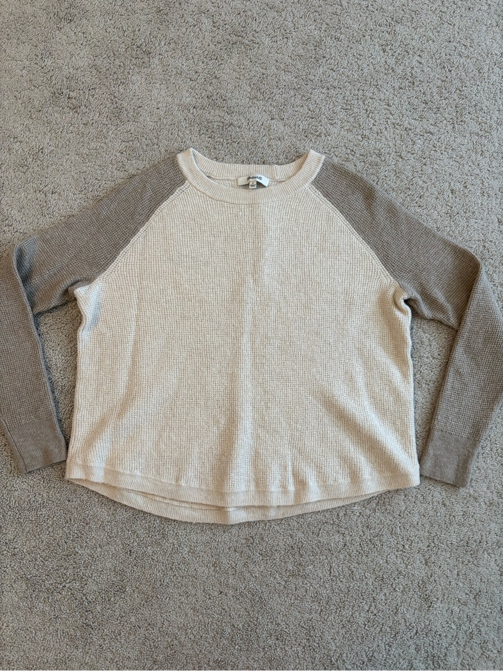 Madewell Two-Tone Raglan Crewneck Sweater in Cream and Taupe, Women’s Small
